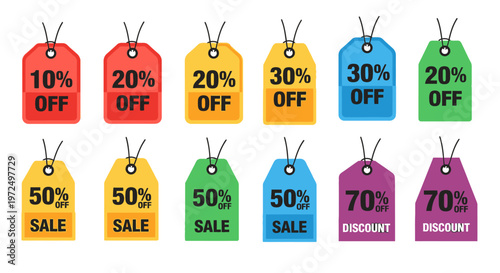 Colorful price tags and discount labels set with various percentages for sales and promotions on isolated white background.