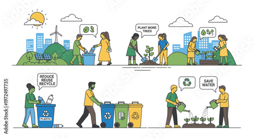 People actively engaging in environmental conservation activities like recycling, planting trees, and saving water in a vibrant park with city background, promoting sustainable living.