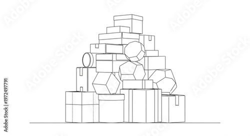 Abstract geometric shapes stacked in a whimsical tower formation.