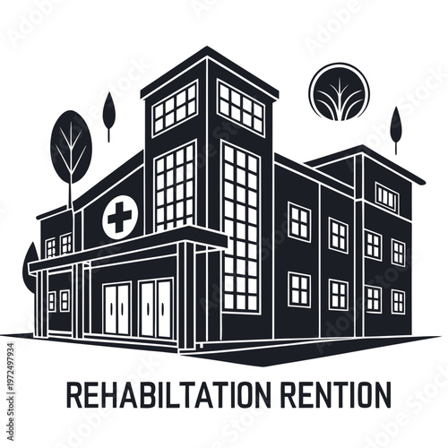 rehabilitation center building silhouette, healthcare recovery facility vector, medical support icon, minimal geometric architecture isolated on white