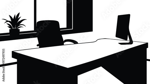 Graphic illustration of a minimalist office workspace with a desk, chair, and computer by a window, symbolizing professionalism