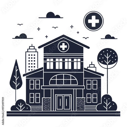 rehabilitation center building silhouette, healthcare recovery facility vector, medical support icon, minimal geometric architecture isolated on white