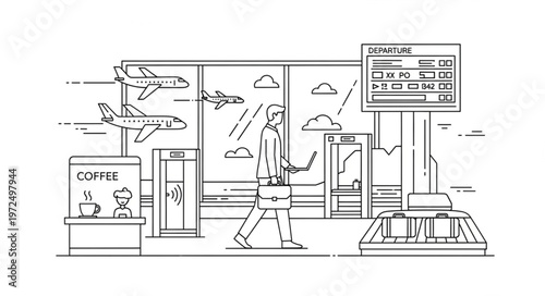 Airport Scene - Traveler, Security, and Flight Information Display.