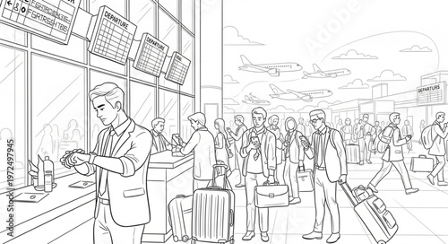 Airport Check-in Scene - Passengers and Luggage at the Counter.