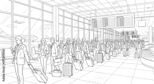 Airport Terminal Scene - A Crowd of Travelers with Luggage.