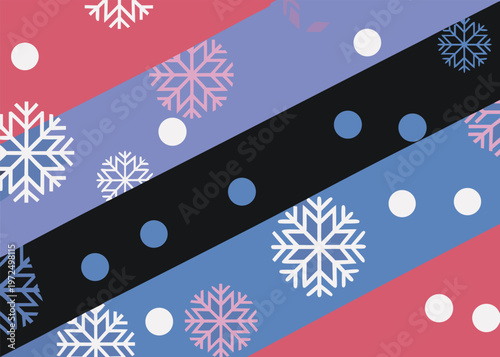 Slanted bands of pink and blue provide a background for various white and pink snowflakes interspersed with solid white and blue circles across the entire frame.