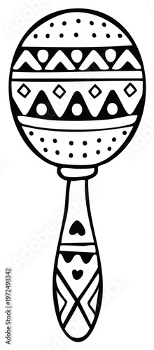 Mexican maraca musical instrument, hand drawn outline illustration for design element