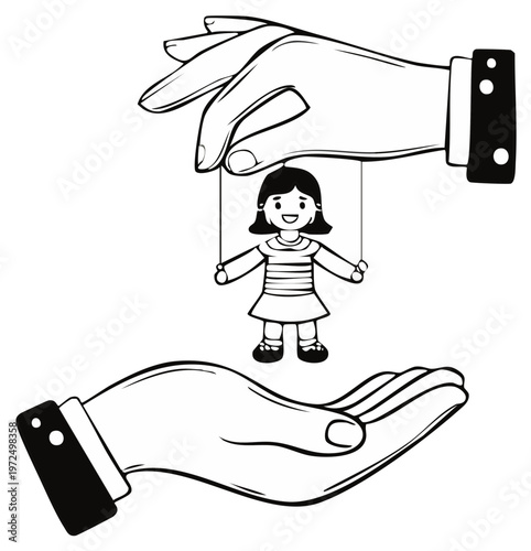 Hands manipulating a string puppet of a smiling girl, representing control and care