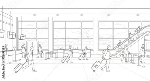 Airport Terminal Sketch - Travelers with Luggage in Waiting Area.