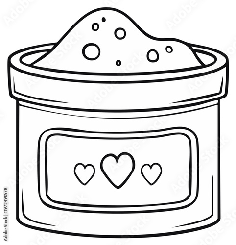 Hand drawn illustration of a container filled with powder and decorative hearts on the label