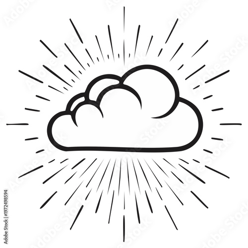 Cloud Burst Sun Rays Weather Concept Isolated on White Background Hand Drawn Style