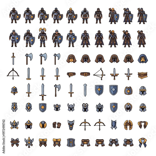 Fantasy RPG Game Character Assets and Medieval Equipment Icons Set.