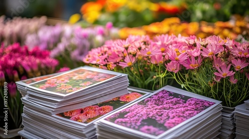 Stacks of Vivid Floral Postcards Displayed Amongst Blooming Flowers Showcasing Intricate Designs and Colorful Blooms