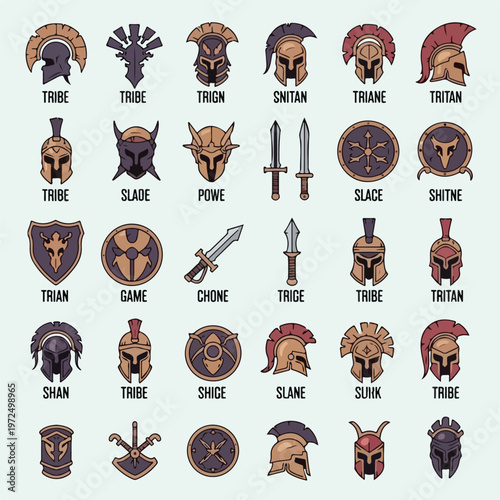 Collection of Ancient Spartan Warrior Helmets Shields and Swords Icons.