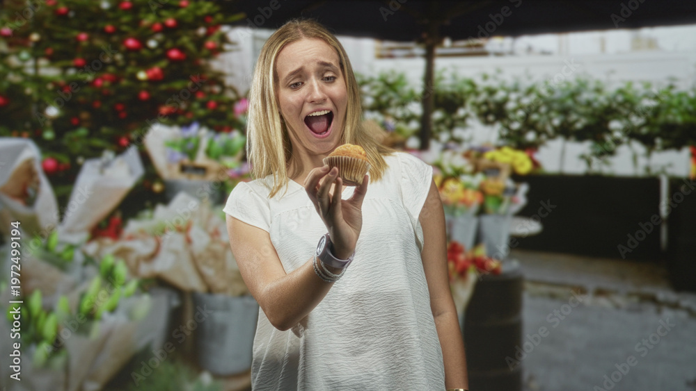 Fototapeta premium Woman blonde smiling while holding a muffin in her hand and looking at it amid a street flower market with a decorated holiday tree; joy celebration curiosity.