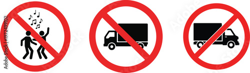 Title prohibition signs no people no vehicles no trucks red circle pictograms description three red bordered circular prohibition signs depict a person