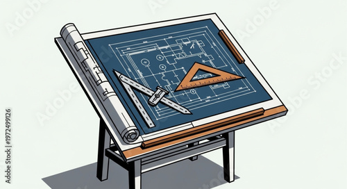 Architectural Blueprint on Drafting Table with Tools, Ready for Design.