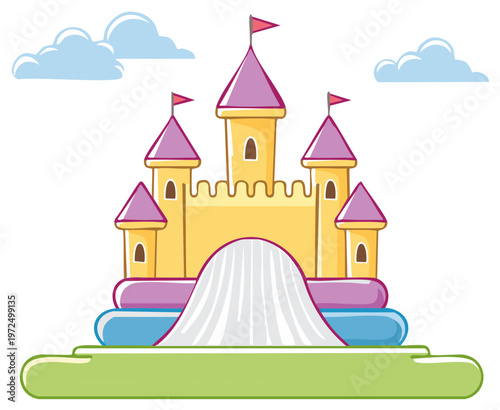 Vibrant yellow inflatable castle bounce house with slide for kids outdoor fun activity