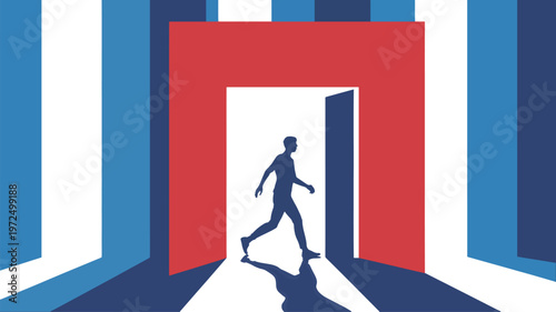 Business walking up red geometric steps with blue background, business person attire, red steps