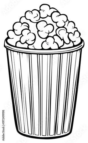 Classic Striped Popcorn Bucket Overflowing with Freshly Popped Kernels Isolated Simple Line Art Illustration