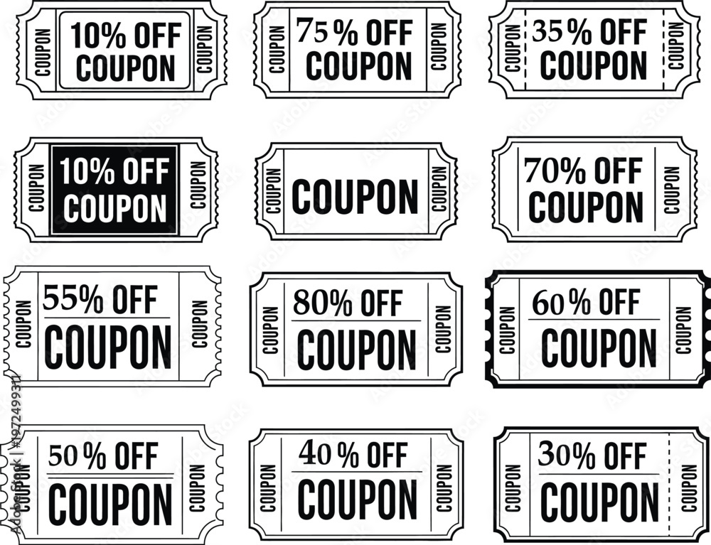 Obraz premium Title collection of vintage style discount coupons with percentage off offers description an assortment of black and white coupon tickets displaying various percentage