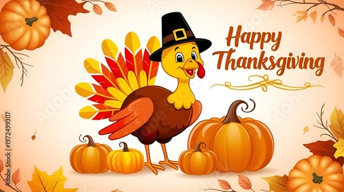 Happy Thanksgiving design with a funny cartoon turkey dancing among pumpkins, colorful leaves