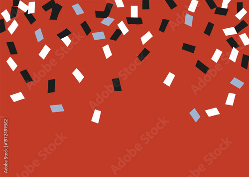 Falling rectangular confetti in shades of white black and light blue dispersed over a solid burnt orange background in a top-down graphic.