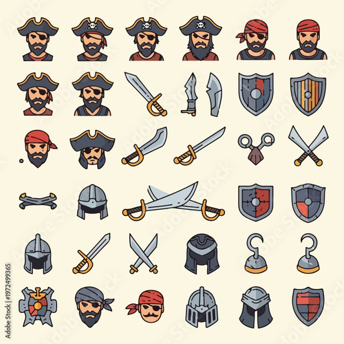 Collection of Pirate and Warrior Icon Set.