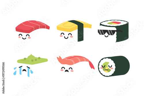Assorted Sushi and Wasabi Cartoon Characters Set, Traditional Japanese Cuisine Icons with Cute Faces, Tuna, Tamago, Roll and Shrimp Nigiri