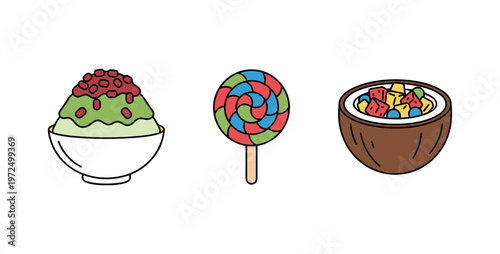 Traditional Asian Desserts and Sweet Snacks Icons, Shaved Ice with Red Beans, Swirl Lollipop and Tropical Fruit in Coconut Bowl Vector Set