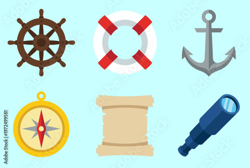 Nautical and Maritime Equipment Set with Ship Wheel Anchor Compass and Telescope, Vintage Sea Adventure Icons for Navigation and Marine Exploration Graphics