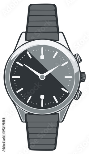Classic Wristwatch with Dark Dial and Metal Band Minimalist Design Vector Illustration