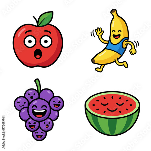 Funny Fruit Characters Set with Cute Facial Expressions, Happy Apple, Waving Banana, Smiling Grapes and Watermelon Slice, Healthy Food Mascot Collection Vector