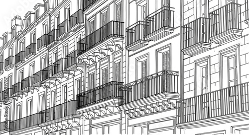 Architectural Facade with Balconies and Ornate Details in Line Art.