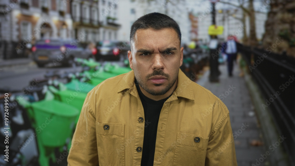 Obraz premium Man pressing hand to forehead while leaning against green rental bikes parked on a busy city street; fatigue.