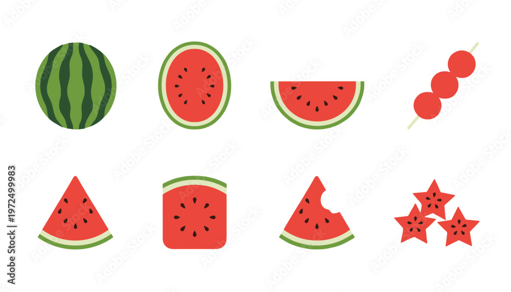 Naklejka premium Fresh Watermelon Slices and Shapes Icons Set Including Whole Fruit Half Slice Skewer Star Shape and Bitten Piece Isolated on White Background Vector