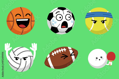 Funny Sports Balls Cartoon Characters Set with Expressions Including Basketball Soccer Tennis Volleyball Football and Table Tennis Isolated on Green