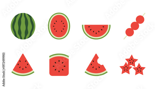 Fresh Watermelon Slices and Shapes Icons Set Including Whole Fruit Half Slice Skewer Star Shape and Bitten Piece Isolated on White Background Vector