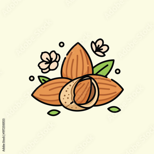 Almonds with shell and leaves.