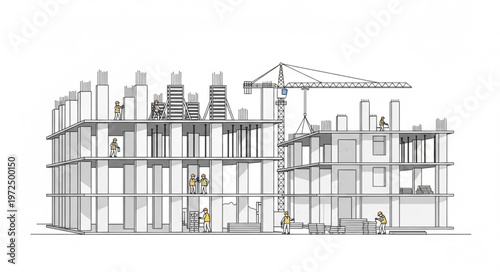 Architectural Sketch of a Building Under Construction with Crane.