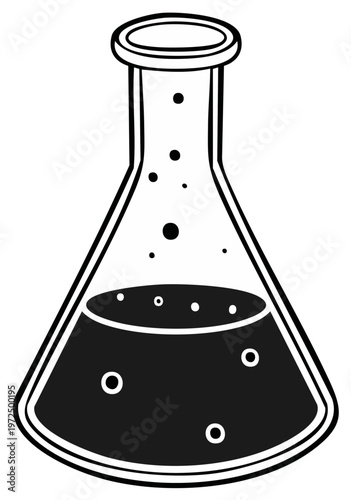 Erlenmeyer flask with a bubbling chemical solution, a simple black and white scientific illustration.