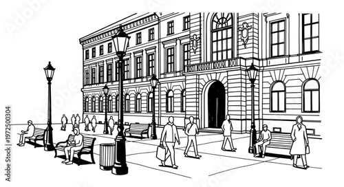 Architectural Sketch of a Building with People and Streetlights.