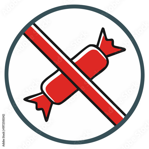Candy crossed out icon in a circle, symbol of no sweets, diet and healthy food concept