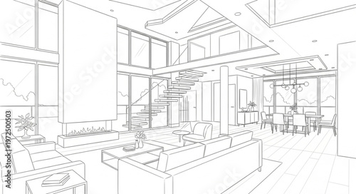 Architectural Sketch of a Modern Open-Plan Living Space.