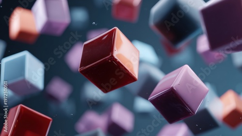 Glossy abstract cubes floating in a dark studio environment