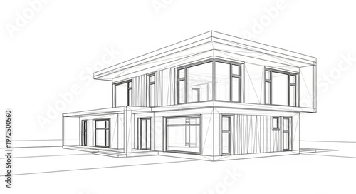 Architectural Sketch of a Modern Two-Story House Design.