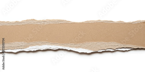 Horizontal strip of torn brown cardboard with rough jagged edges isolated on a plain white background showing fibrous texture and layered paper structure