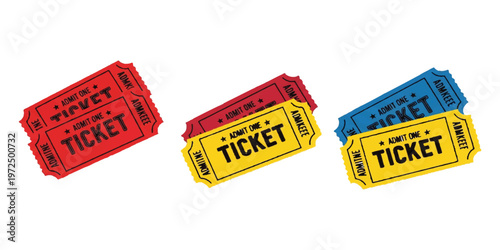Set of colorful admit one paper tickets in red yellow and blue stacked in groups on a plain white background