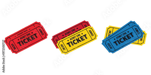 Three sets of colorful admit one cinema tickets in red yellow and blue arranged in small stacks isolated on a white background