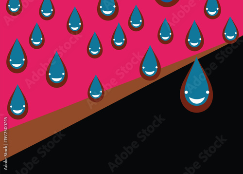 Cute blue raindrops with smiling faces fall against a bright pink background separated from a black area by a thick diagonal brown line.